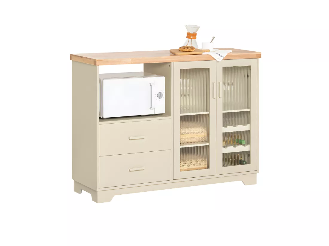 SoBuy Buffet Placard de Cuisine avec 2 portes vitrées Meuble Micro-Ondes Armoire de Cuisine Multi-rangements, Beige, FSB81-MI