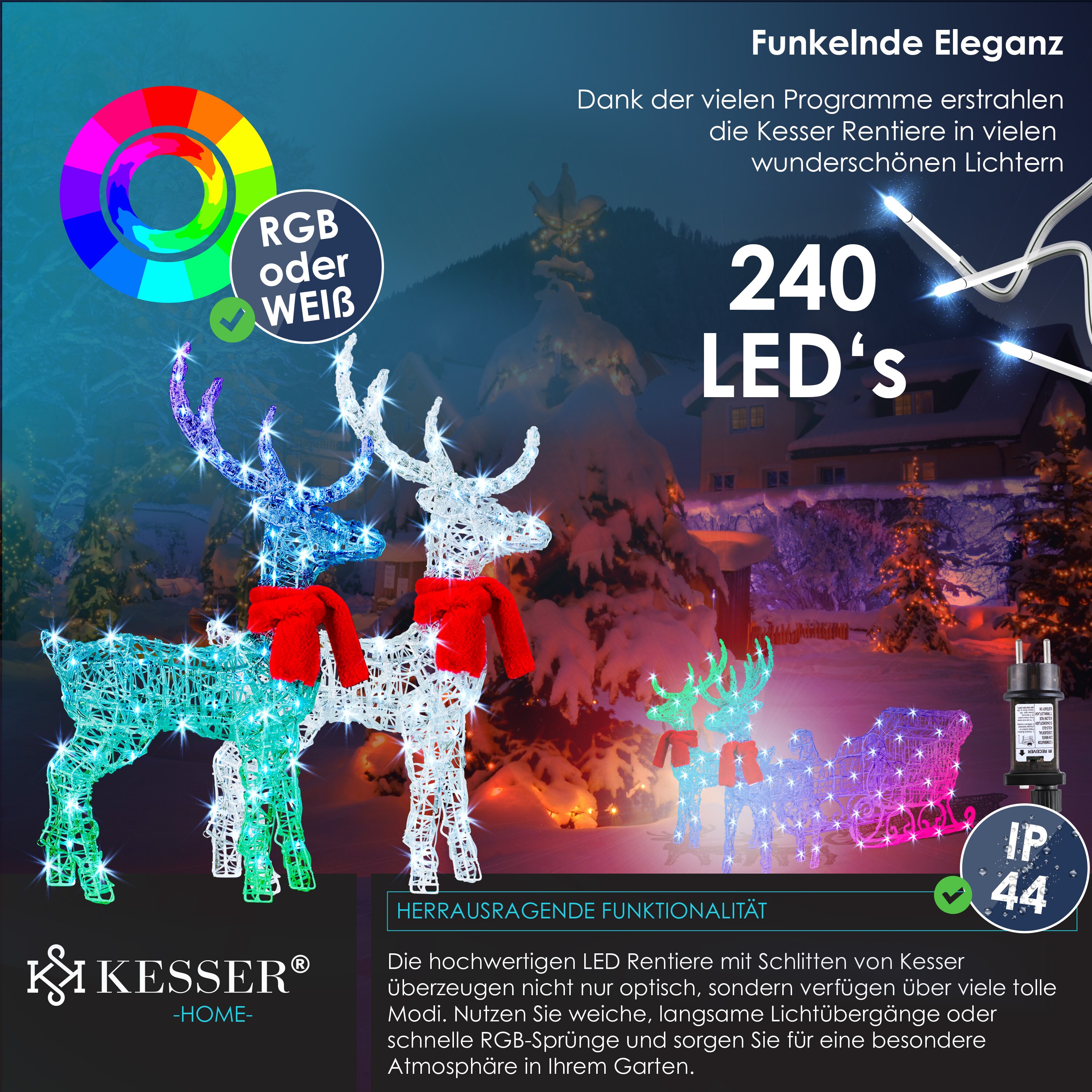 KESSER® 240er LED Rentiere mit Schlitten weiß Timer Weihnachtsbeleuchtung für außen und innen Weihnachtsfigur Weihnachtsdekoration