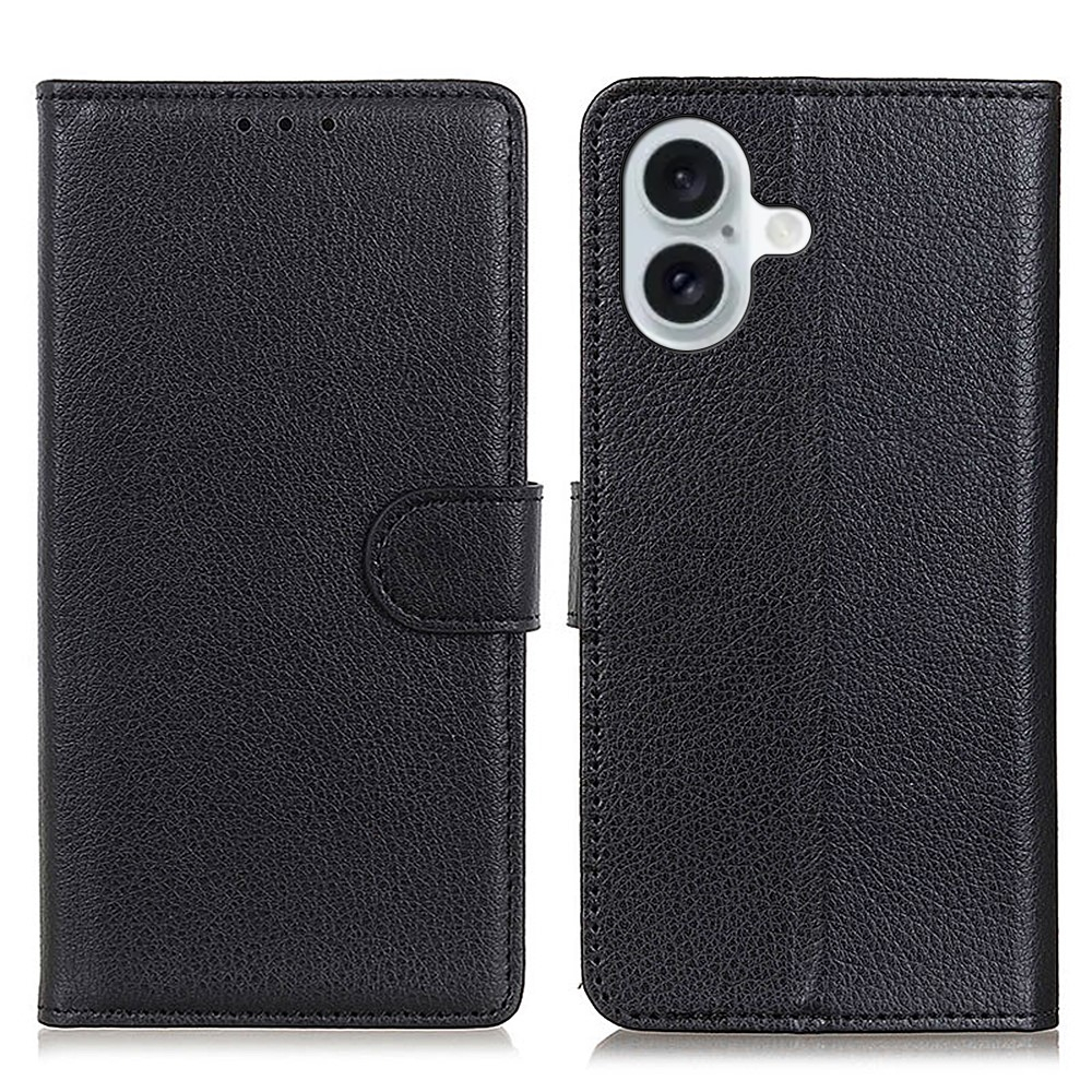 iPhone 16 Leder Tasche Flip Cover Litchi Look - Schwarz