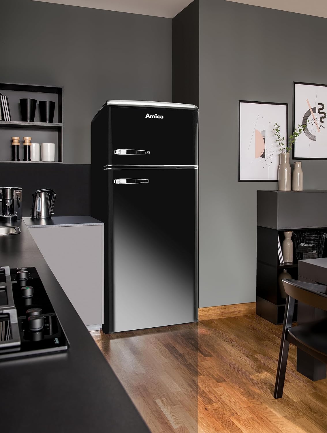 Amica KGC 15634 S Retro Kühl-/Gefrierkombination / Black Olives (Schwarz) / 144cm (H) x 55cm (B) x 62cm (T) / Retro-Design / Kühlschrank mit Gefrierfach