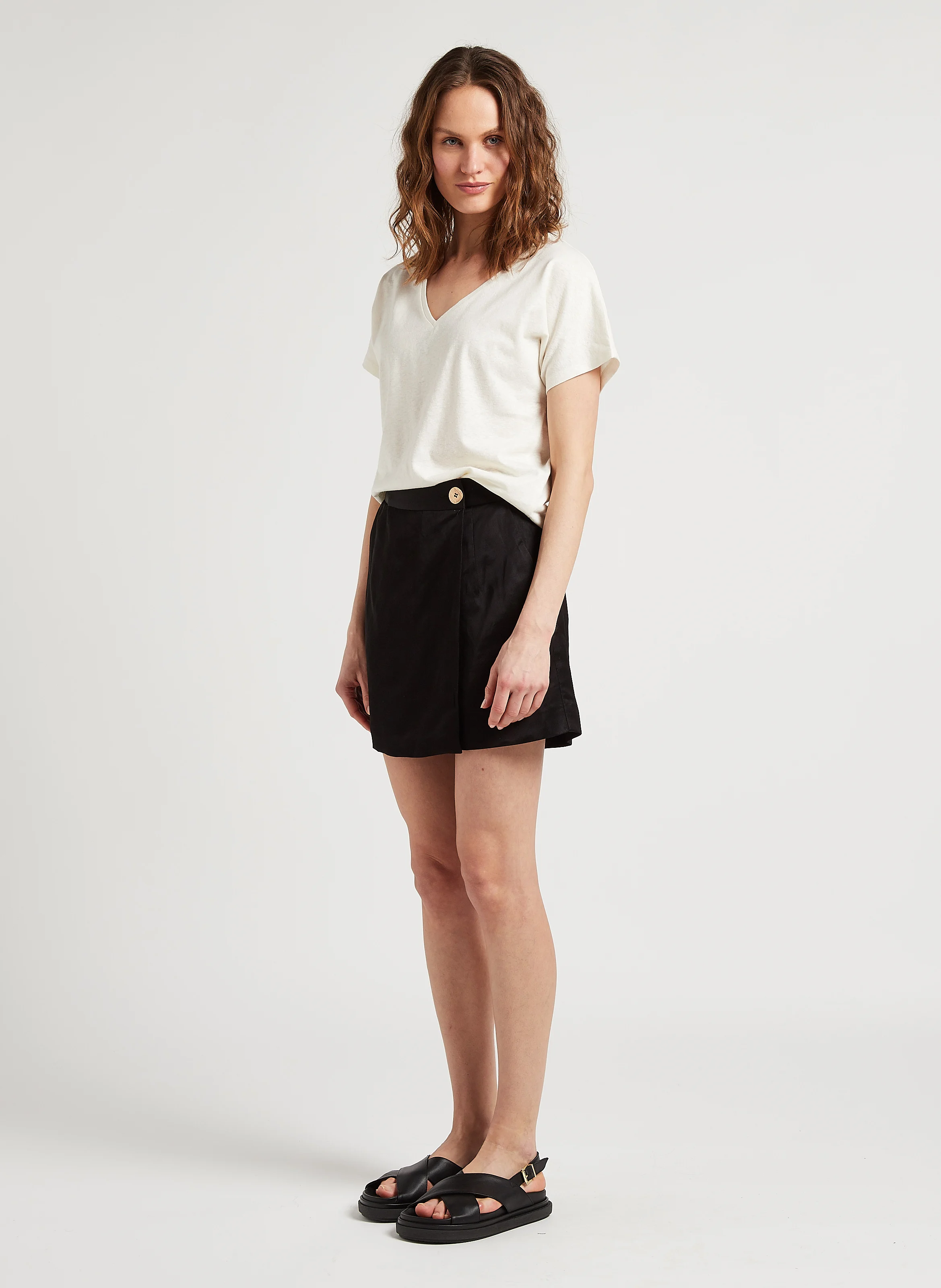 T-shirt col V ample en lin mélangé | Blanc