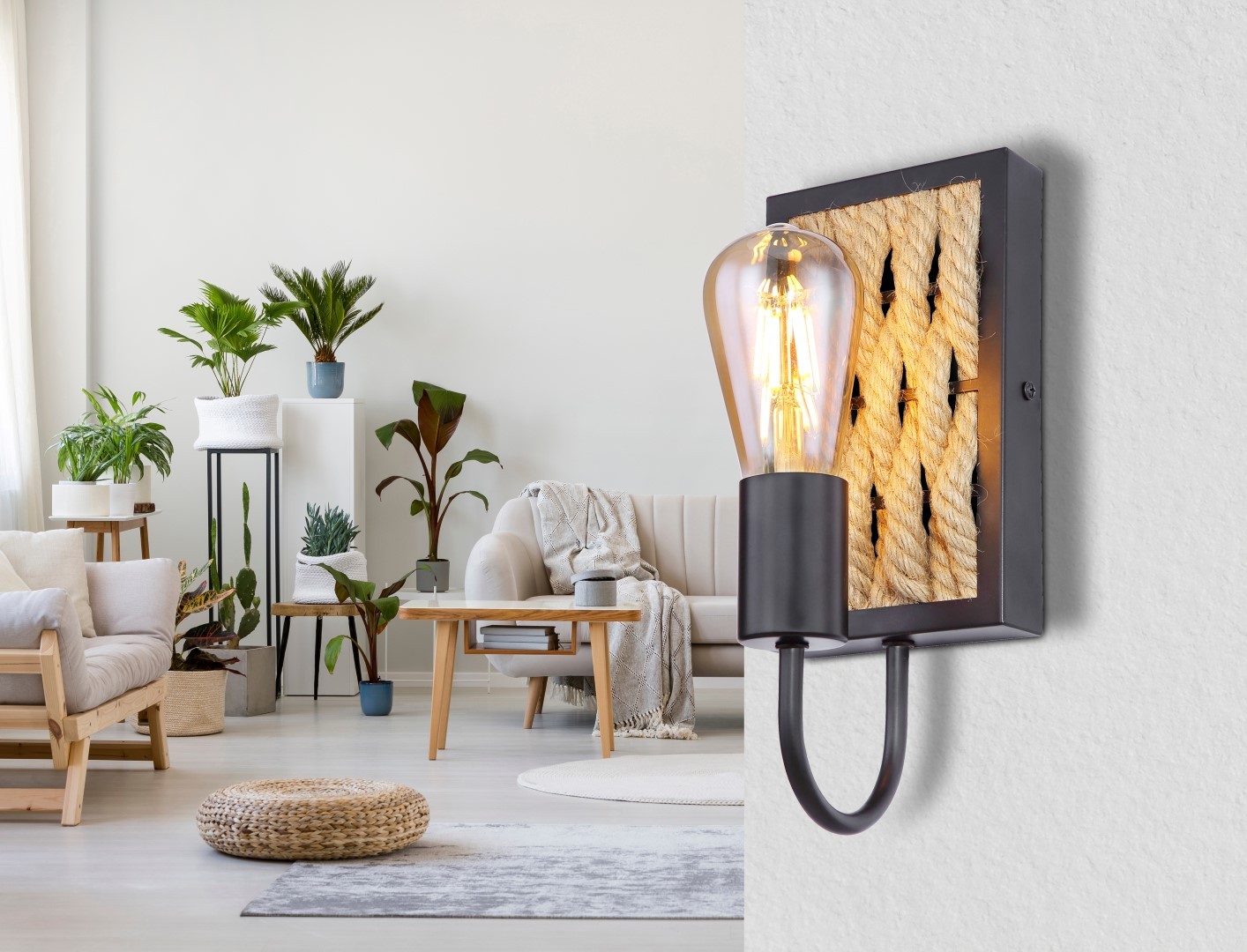 Wandlampe - schwarz matt - braun - Hanfseil - 28 cm