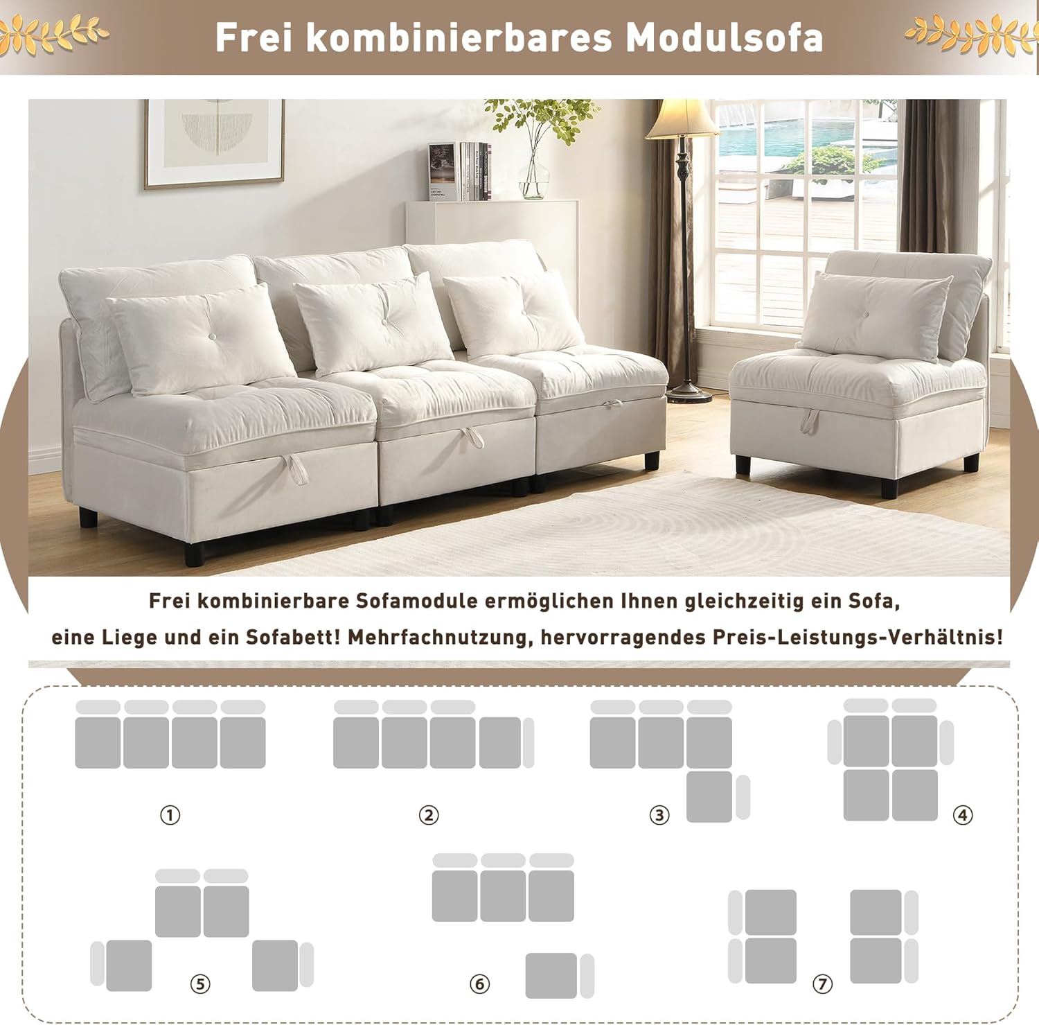 Cloud Modulares Sofa 4-Sitzer Modulares, zerlegbares Sofa-Set: Frei konfigurierbar + Stauraum unter Allen Kissen + Schlaffunktion + Chenille-Stoff (Beige)