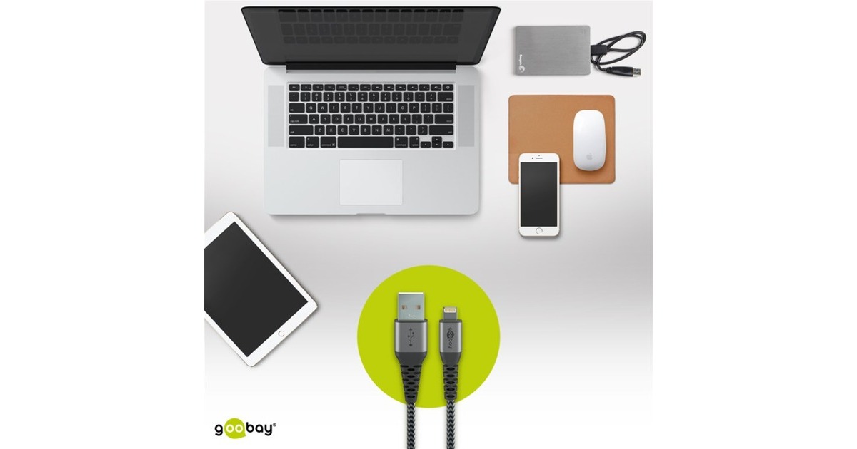 goobayLightning > USB-A textielkabel met metalen aansluitingen  (Grijs/zilver, 0,5 meter)