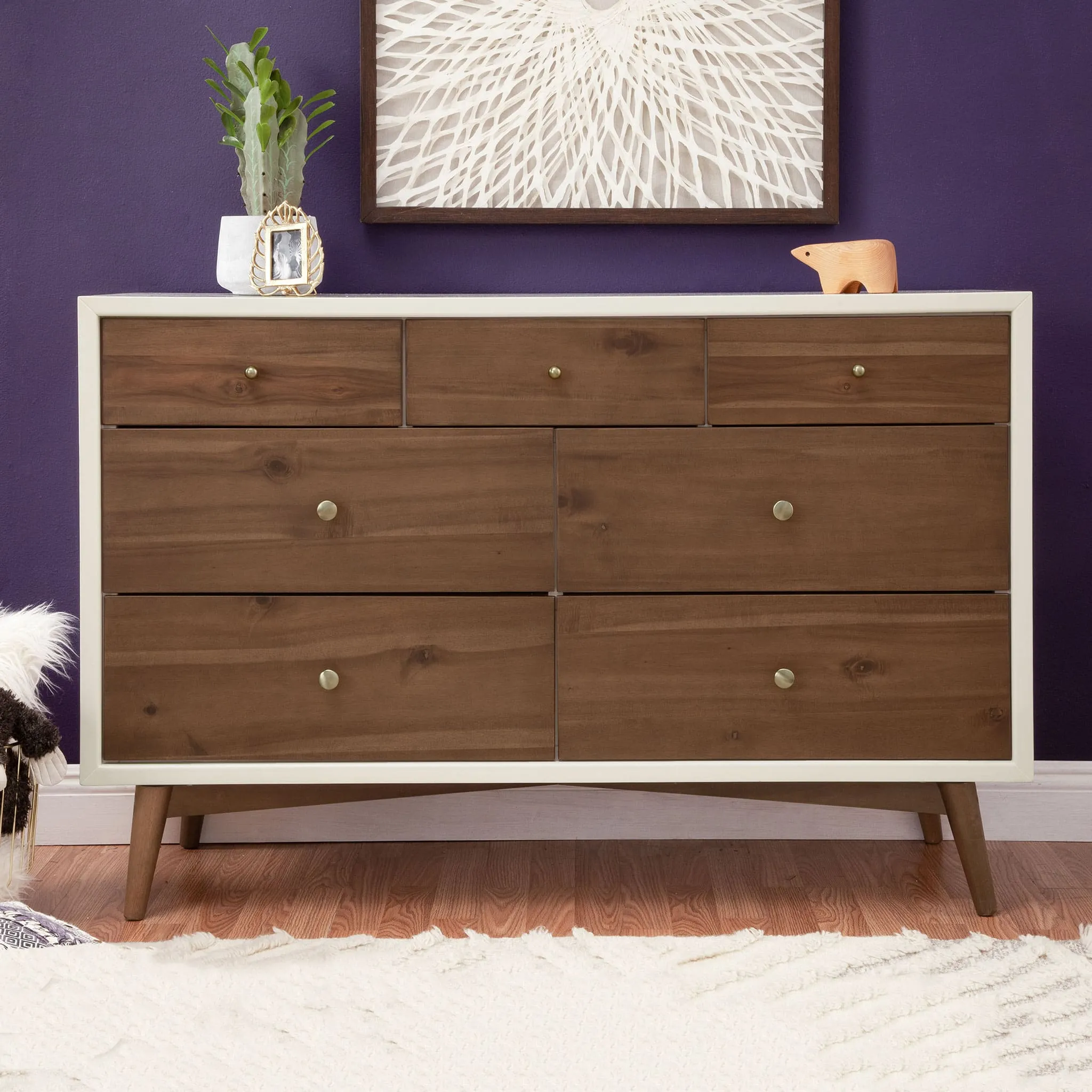 Babyletto Couchette Convertible 3 en 1 + Bureau 7 Tiroirs Palma- Blanc Chaud Noyer