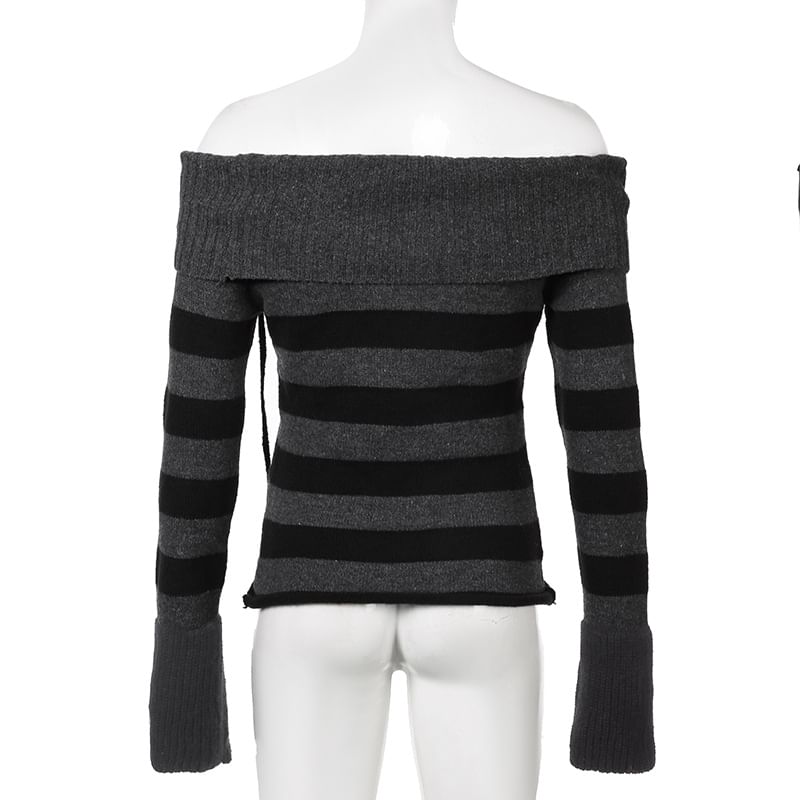 Trisica - Gestreepte trui met vetersluiting en off-shouldermotief