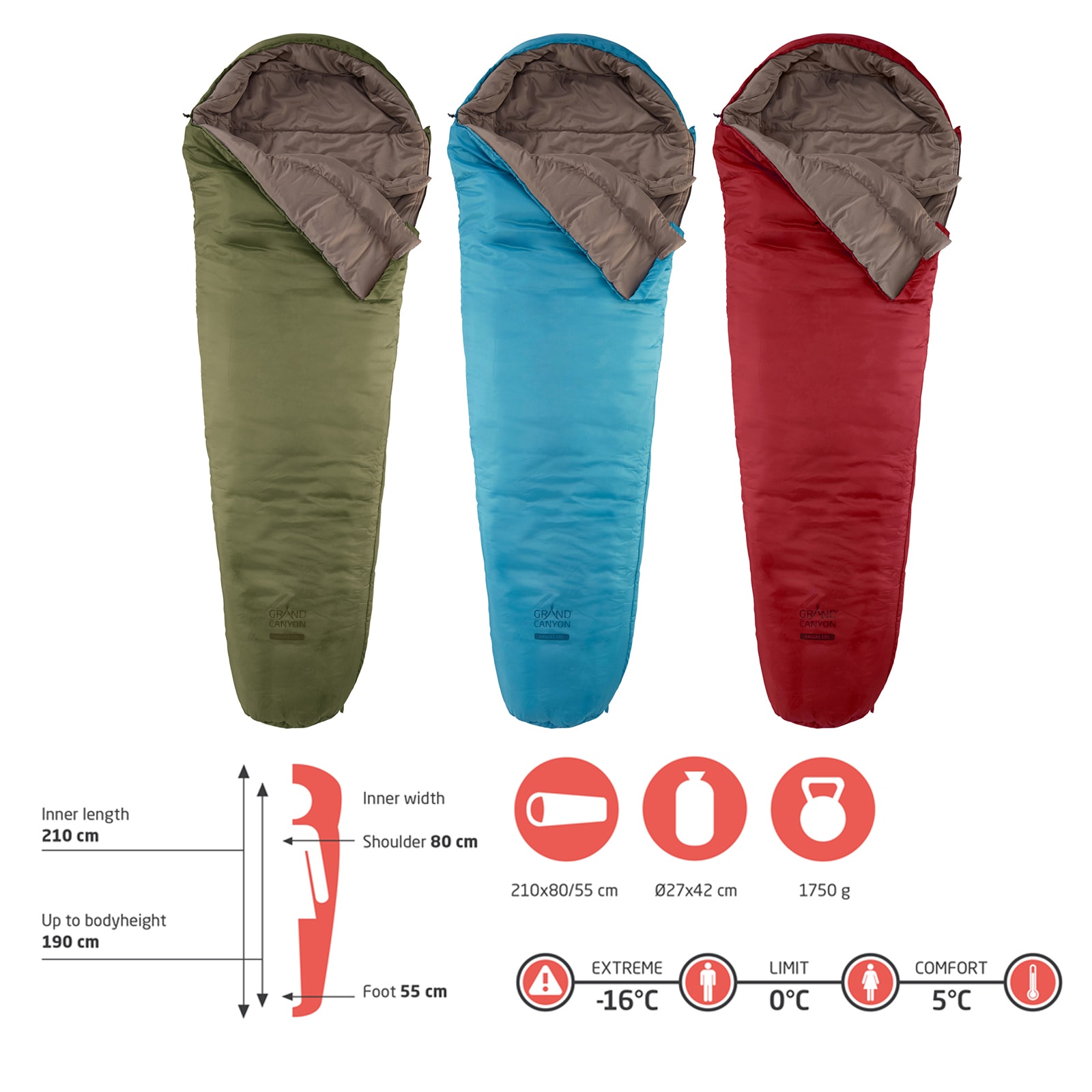 Winter Mumien Schlafsack 3 Jahreszeiten Lang Grand Canyon Kansas 190 XL -16°C Farbe: Caneel Bay
