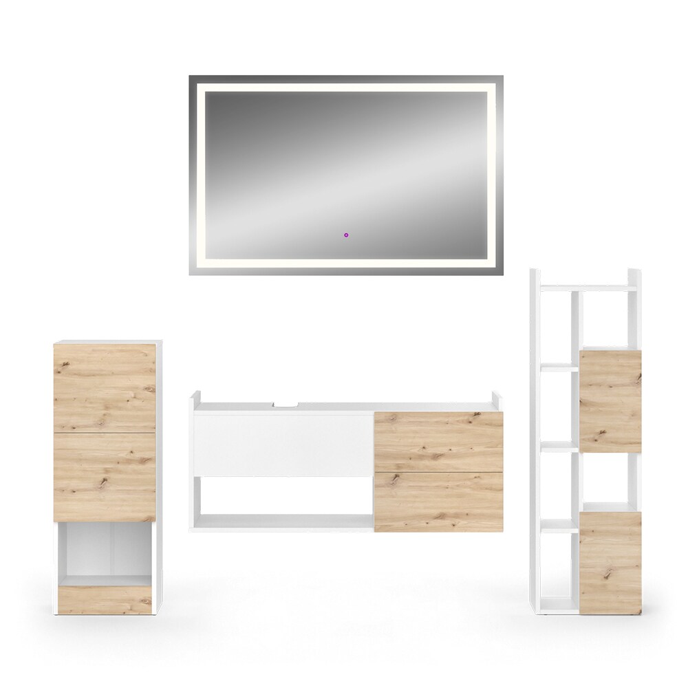 Vicco Badmöbel-Set Alf, Weiß Artisan Eiche, Badezimmer, moderne Badserie, Waschtischunterschrank, LED-Spiegel, Midischrank, Hochschrank