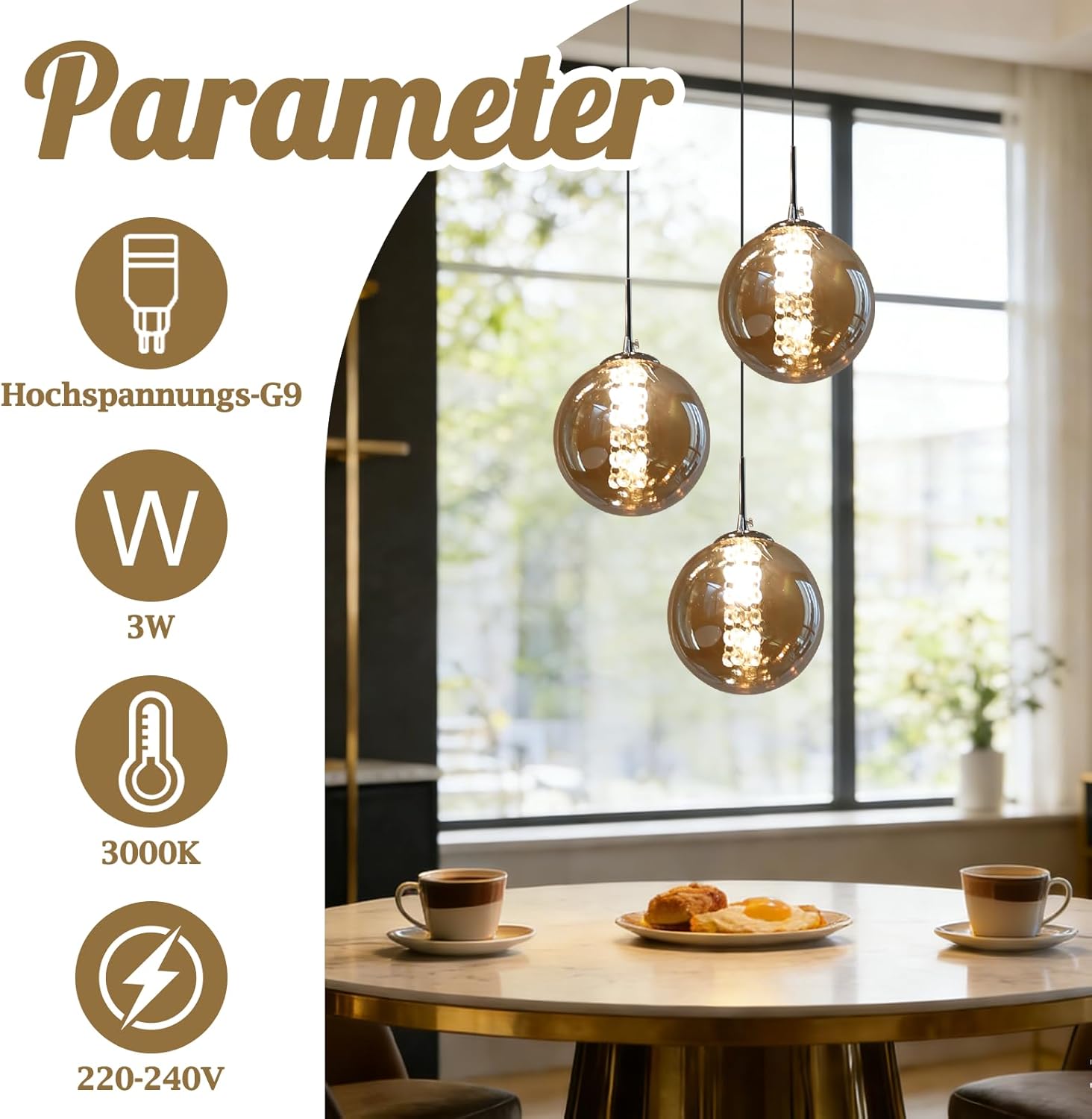 Pendelleuchte esstisch Pendellampe Höhenverstellbar Kronleuchter Hängeleuchte 3-Flammig aus Glas in Farbe Bernstein Küchen Wohnzimmerlampe Schlafzimmerlampe Flurlampe