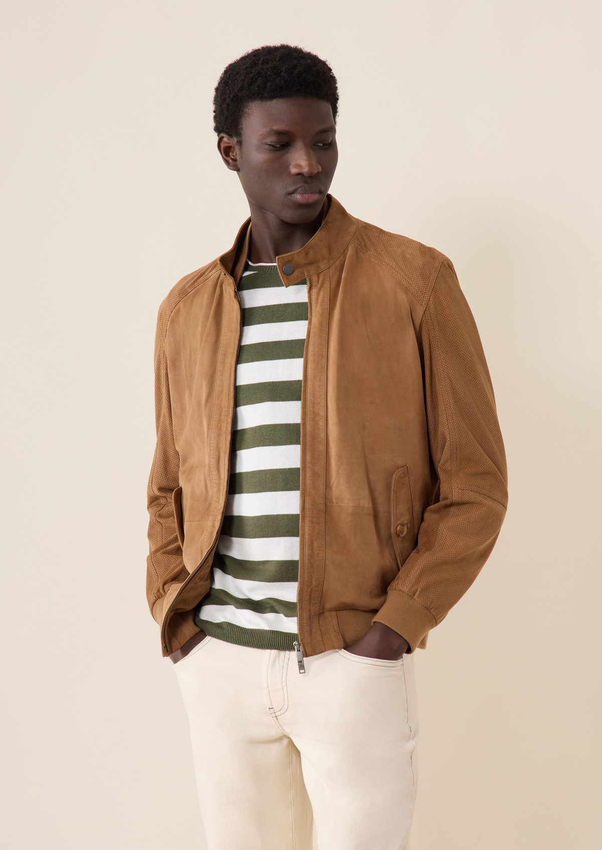 Blouson en cuir nubuck camel