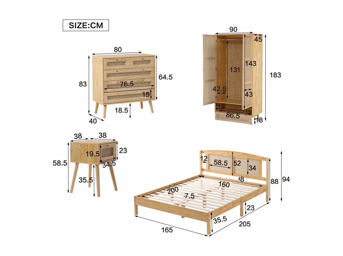 Ensemble lit adulte 160 x 200 cm avec table de chevet + commode + armoire - pin + panneaux de particules + rotin PE - naturel