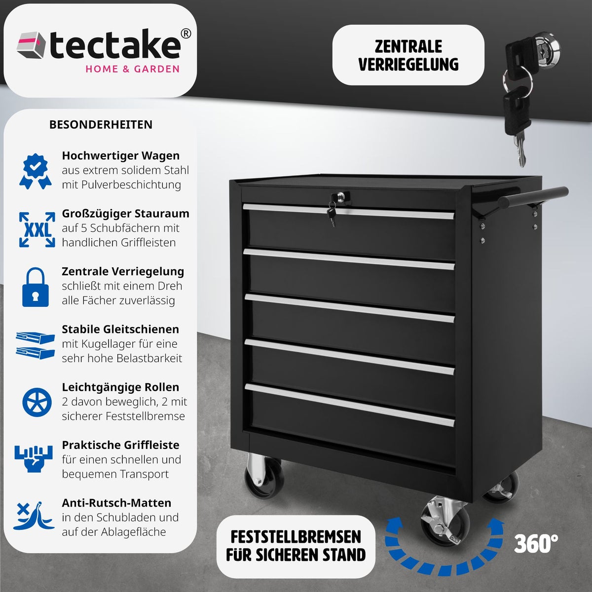 tectake gereedschapswagen met 5 kogelgelagerde laden met antislipmatten en wielen met een diameter van 100 mm.
