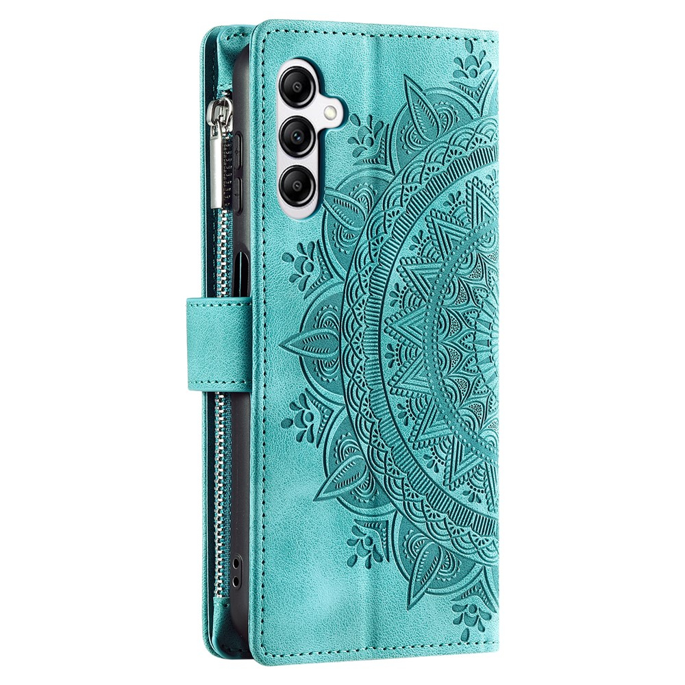 Samsung Galaxy S25 FE Leder Tasche Flip Cover mit Reissverschluss - Mandala Flowers Imprint - Türkis