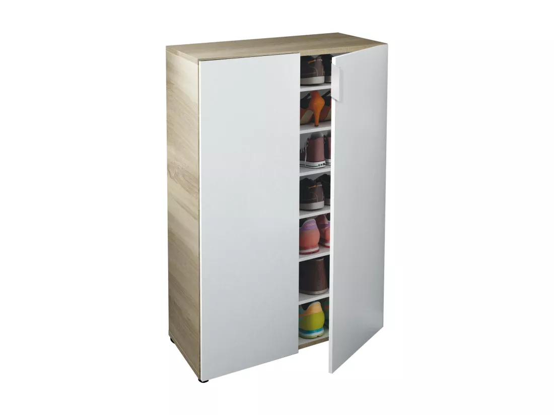 Armoire polyvalente Dlel, Armoire auxiliaire avec 2 portes, Armoire à chaussures basse avec 6 étagères, Étagère à chaussures basse, 70x36h103 cm, Chêne et Blanc