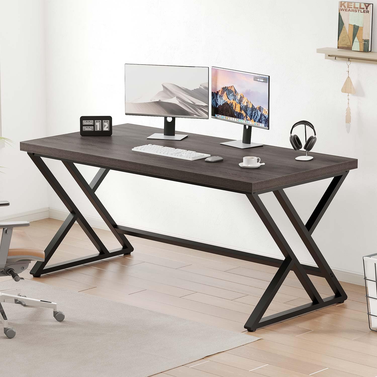 LVB Computertisch Langer Schreibtische PC-Tisch Industrie Design Studiertisch für Studium Bürotisch Holztisch Schlafzimmer Studie Arbeit 140 x 60 x 75.5 cm Dunkel