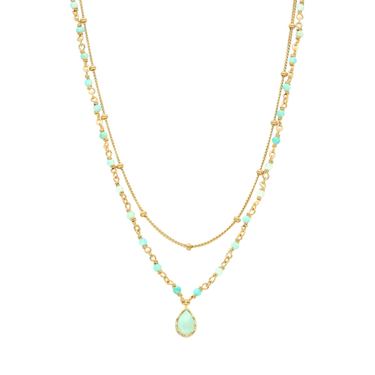 Collier Argent Doré Goutte Doubles Chaînes Pierres Naturelles Amazonite