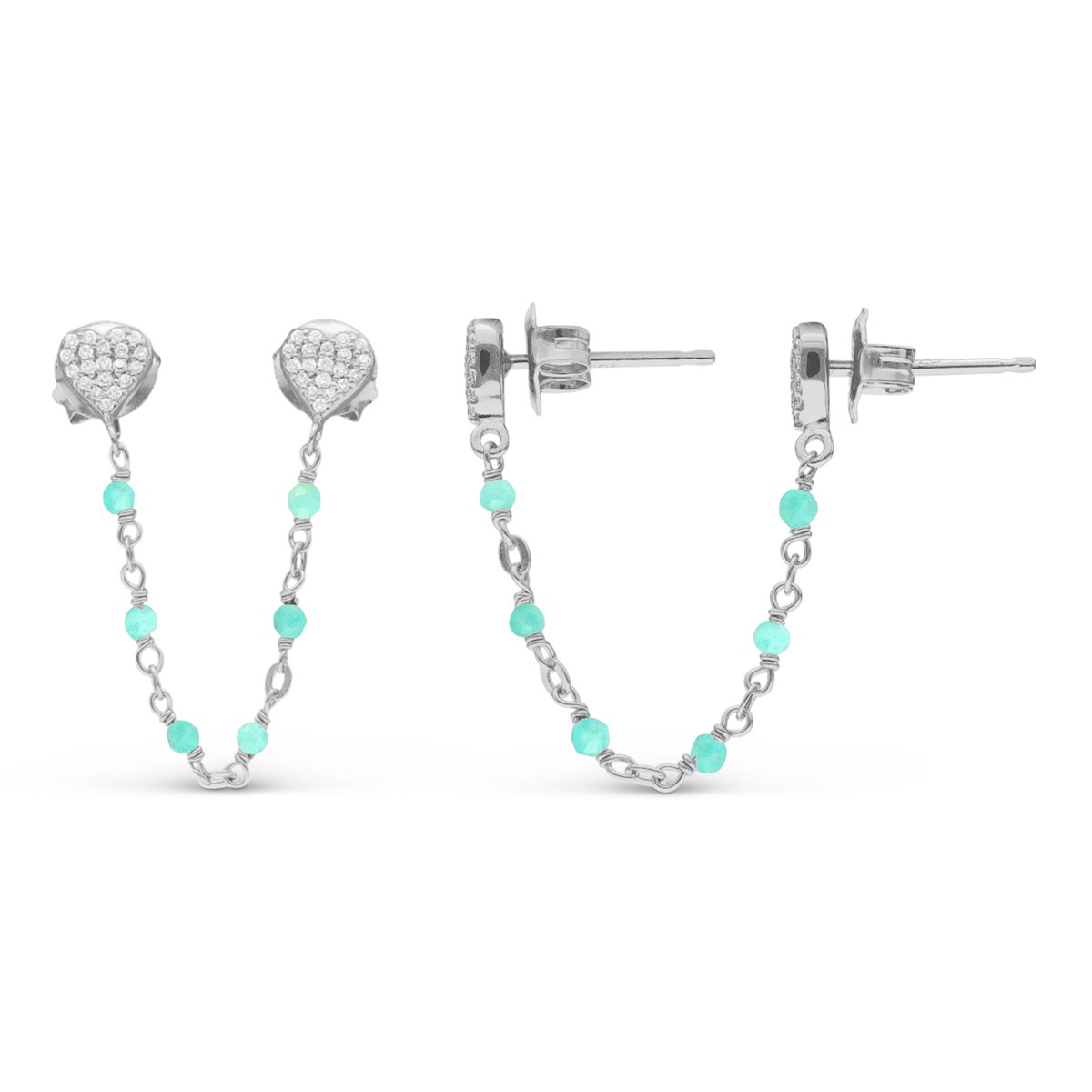 Boucles D'oreilles Argent Doubles Reliées Coeur Amazonite