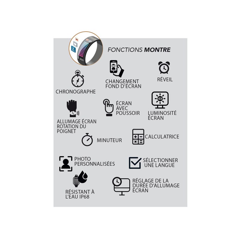 Montre Connectée Smarty2.0 - Bracelet Silicone - Chrono, photo, fréquence cardiaque, pression sanguine, tracé du parcours