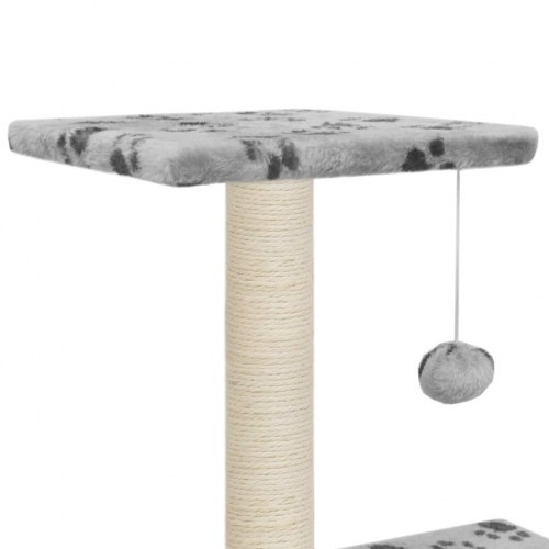 Arranhador para gatos com postes de sisal e estampa de patas cinza.