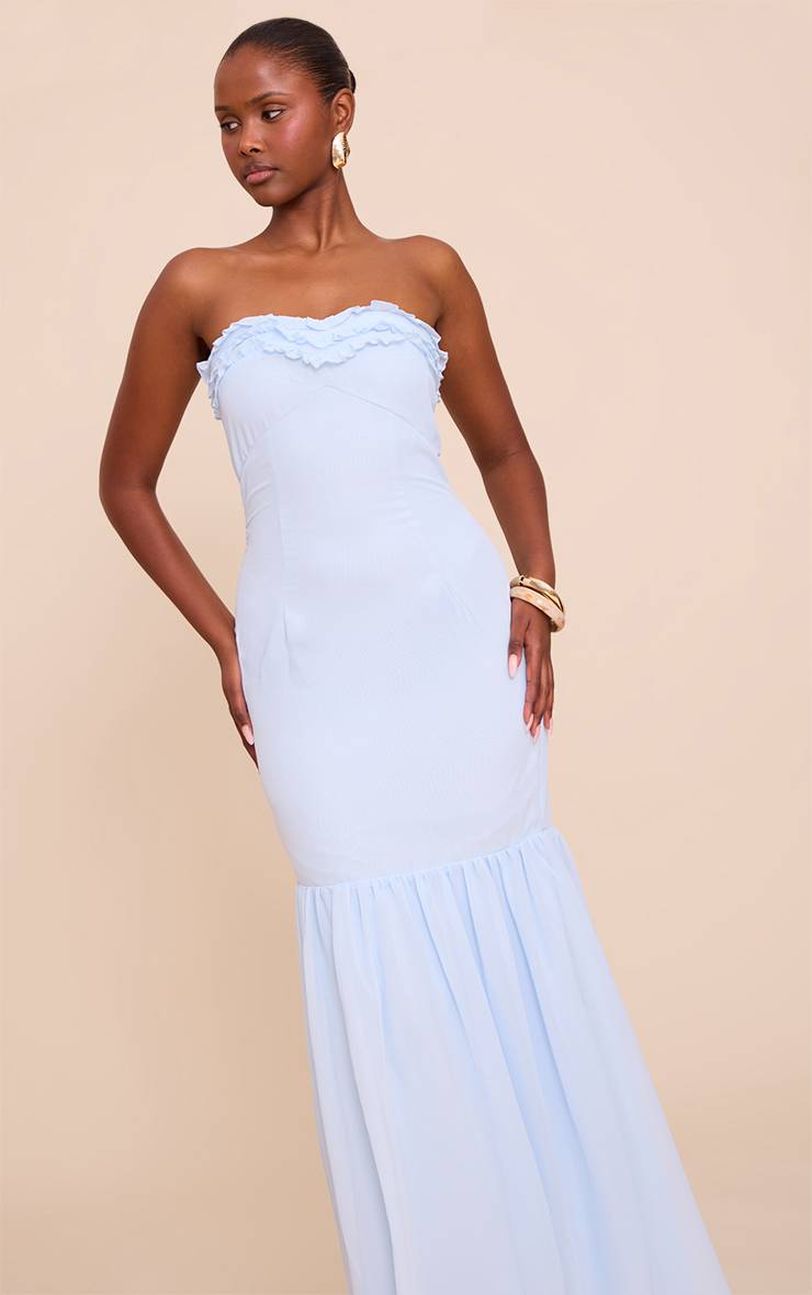 Bleu Clair Robe Longue En Mousseline À Bandeau Avec Détails De Volants