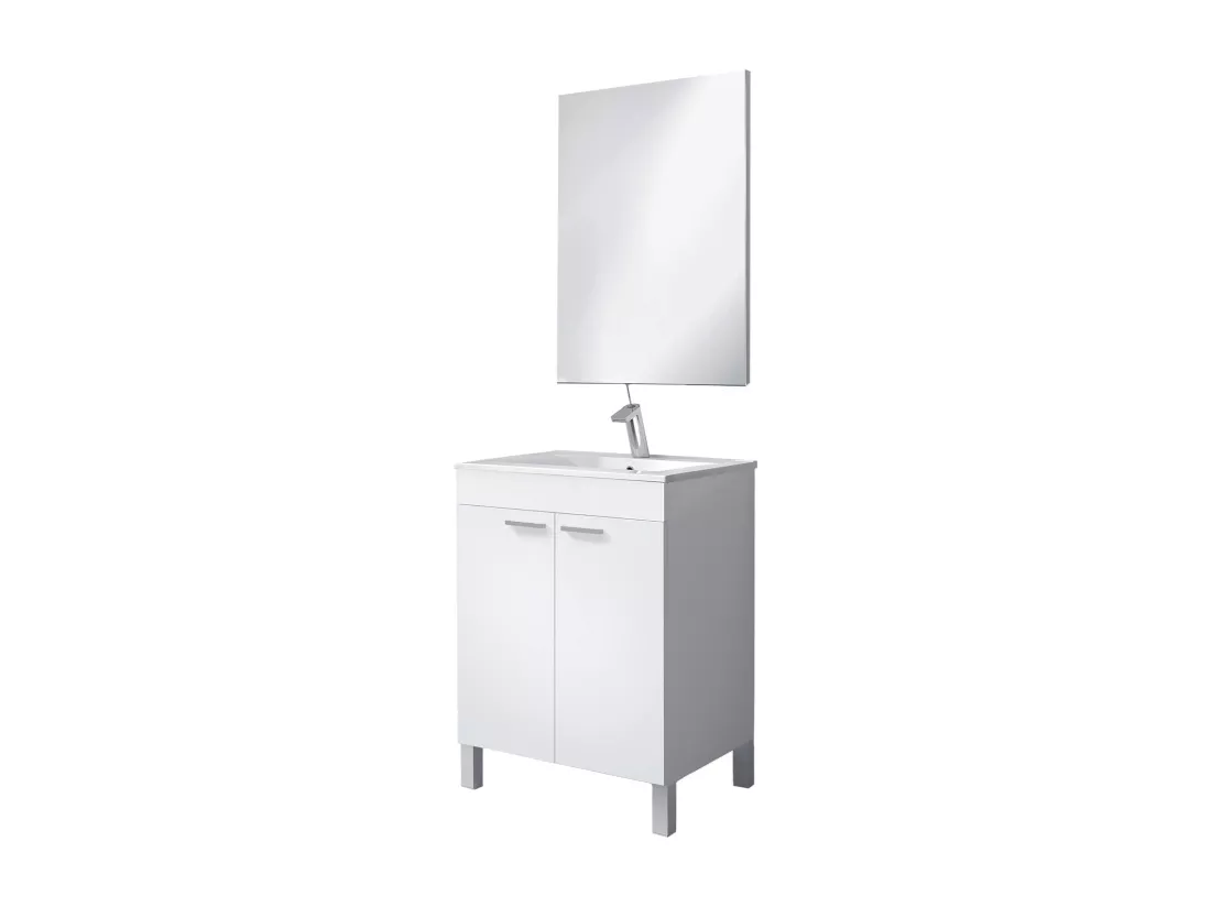 Meuble sous-vasque Naperville, Meuble de salle de bain, armoire 2 portes avec miroir, lavabo non inclus, 60x45h80 cm, Blanc brillant