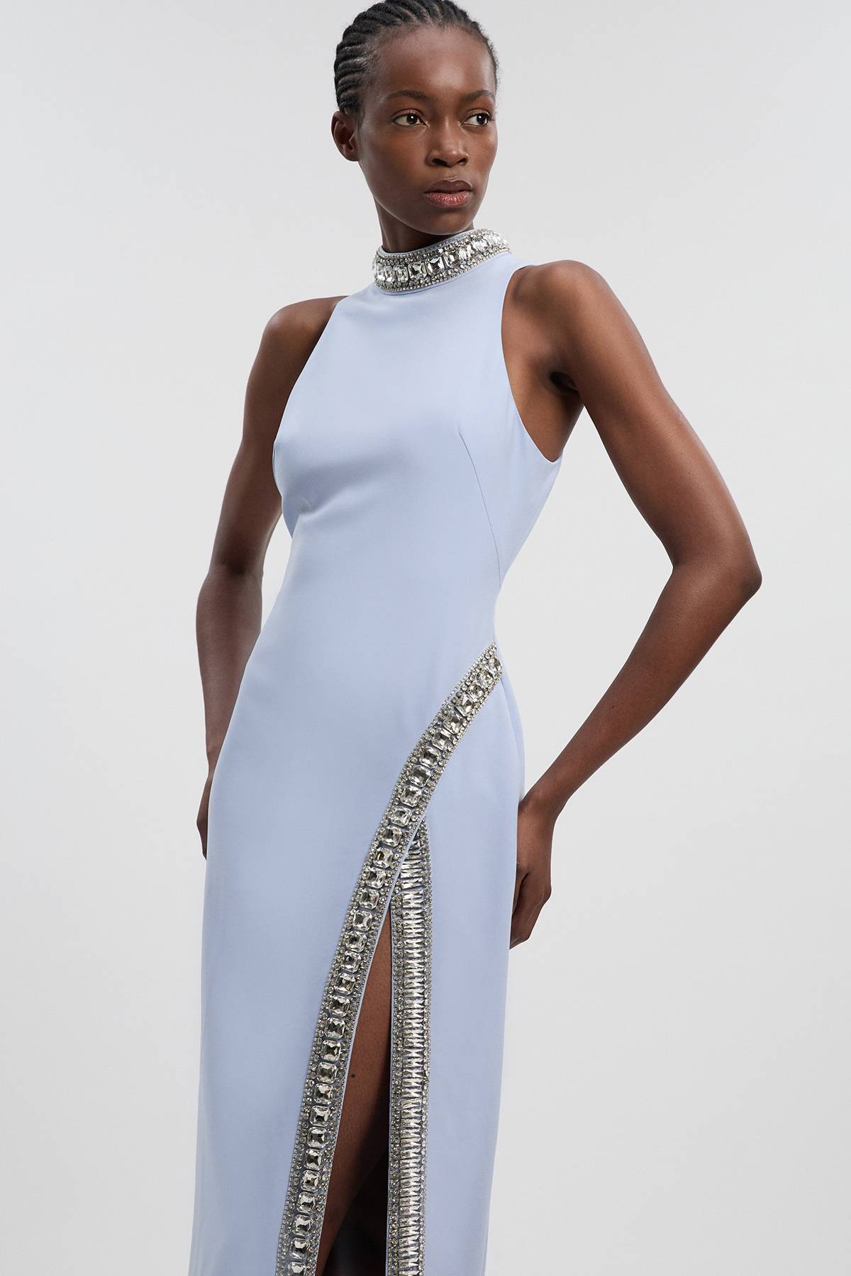 KarenMillen Robe Maxi Fendue Tissée Ornée de Cristaux Petite