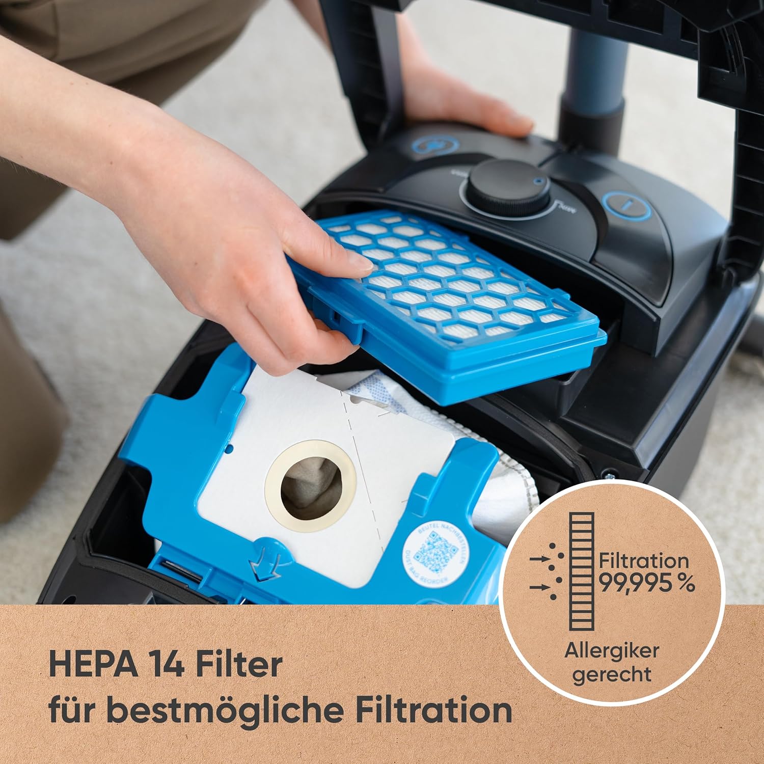 hoogo B3+ Graphit mit Flipflop Bodendüse | Staubsauger mit Beutel | Starke 850 W Saugleistung | HEPA 14 Filter | 11 Meter Radius | Nur 74 dB(A) | 3 L Fassungsvermögen
