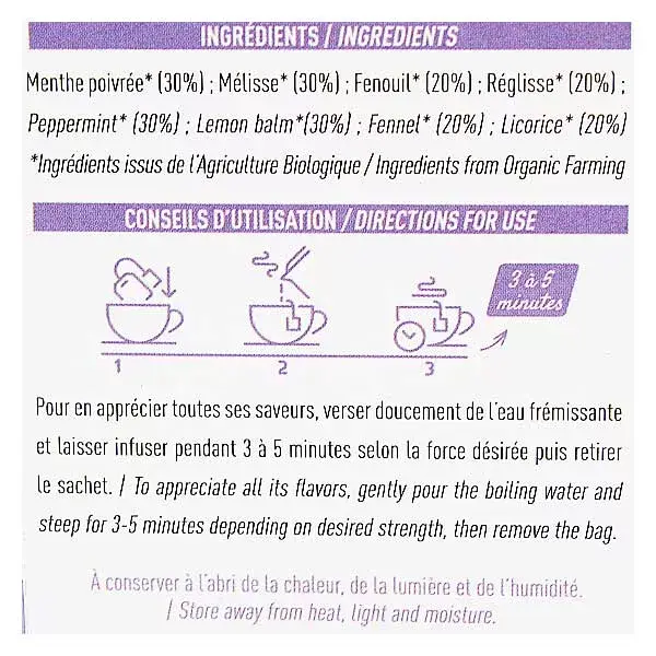 Chá de ervas digestivo orgânico Eric Favre Wellness, 20 sachês