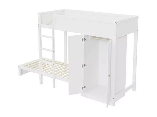 Lit superposé pour enfants 90*200 cm, avec marches de sécurité verticales, armoire, design high fence, blanc