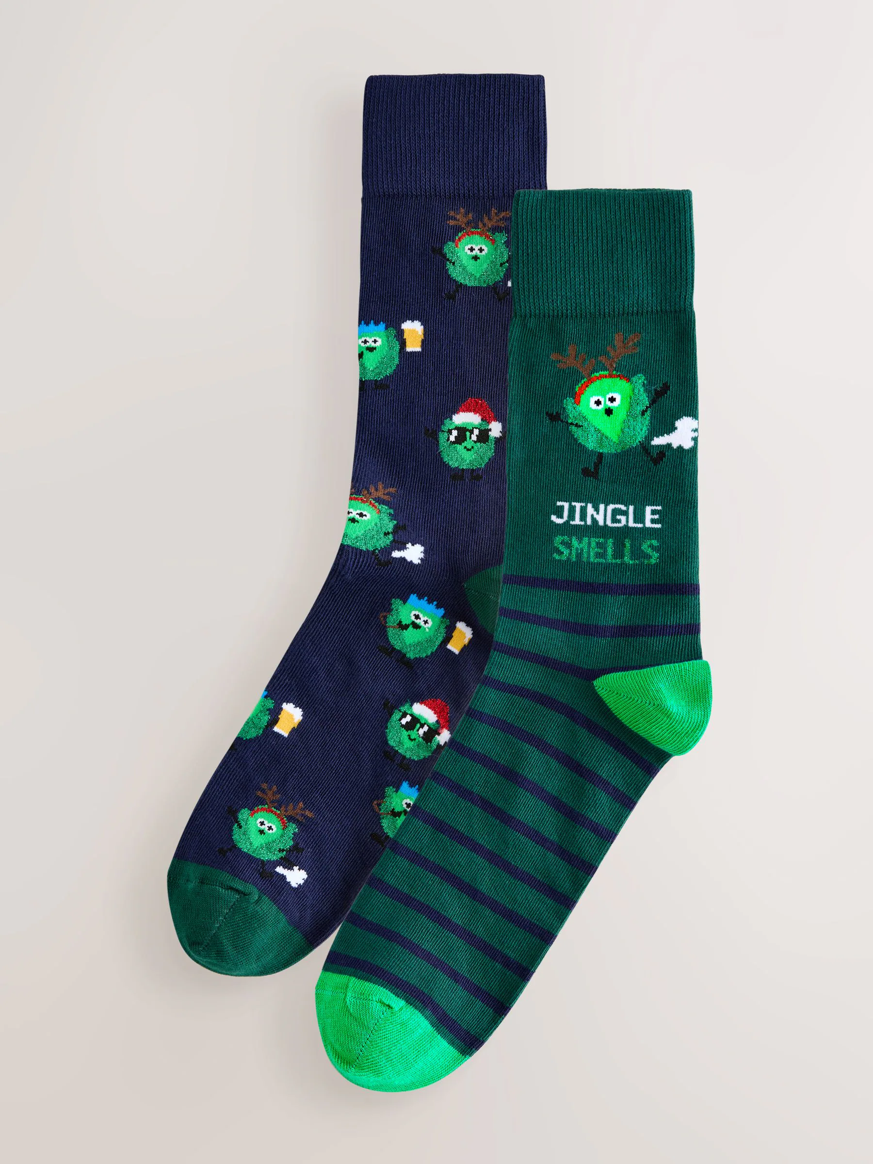 Groen/blauw spruitjes - 2 pack sokken met kerstpatroon