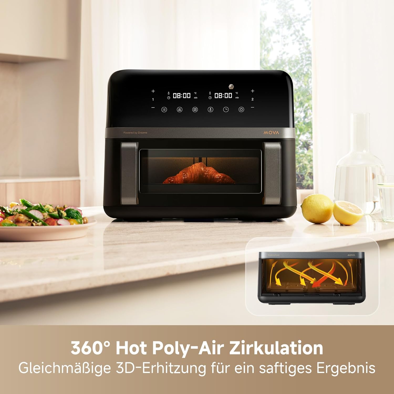 Mova AeroChef FD20 Pro Heißluftfritteuse, 9 Liter Zwei-Zonen-Garen, SyncFinish, 2.700 W für schnelles Knusprigwerden, 40 °C–230 °C Heizbereich, thermische Luftzirkulation