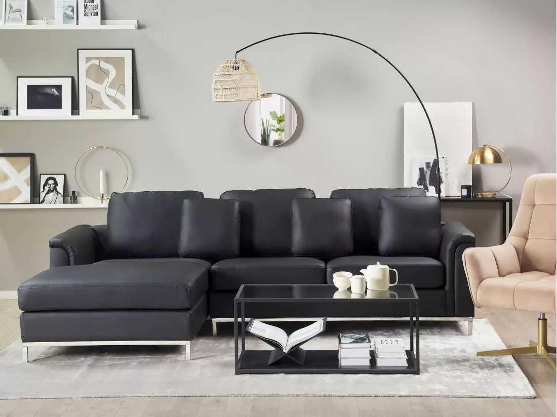 Canapé Angle à gauche en Cuir Véritable Noir et Pouf Ottoman Housses Amovibles Oslo