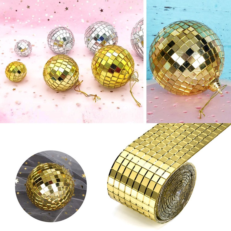 (1m/4cm) Deko Mosaik Spiegel Aufkleber DIY Party Sticker Disco Spiegelmatte - Gold