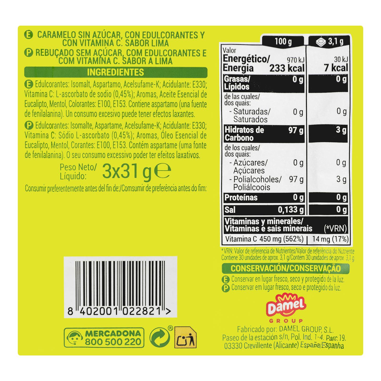 Bonbons au goût citron vert Hacendado 0% sucre