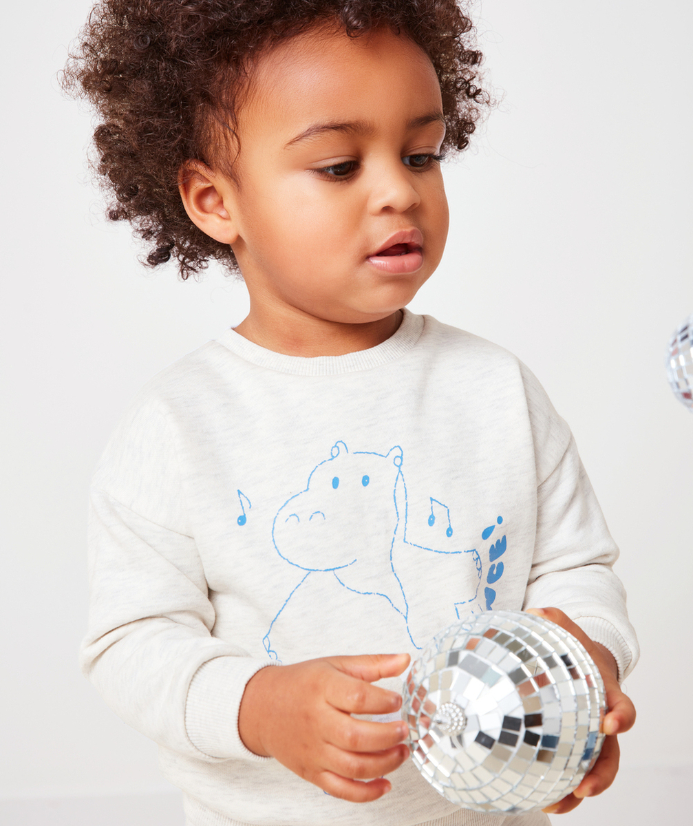SWEAT BÉBÉ GARÇON EN FIBRES RECYCLÉES GRIS CHINÉ MOTIF BLEU