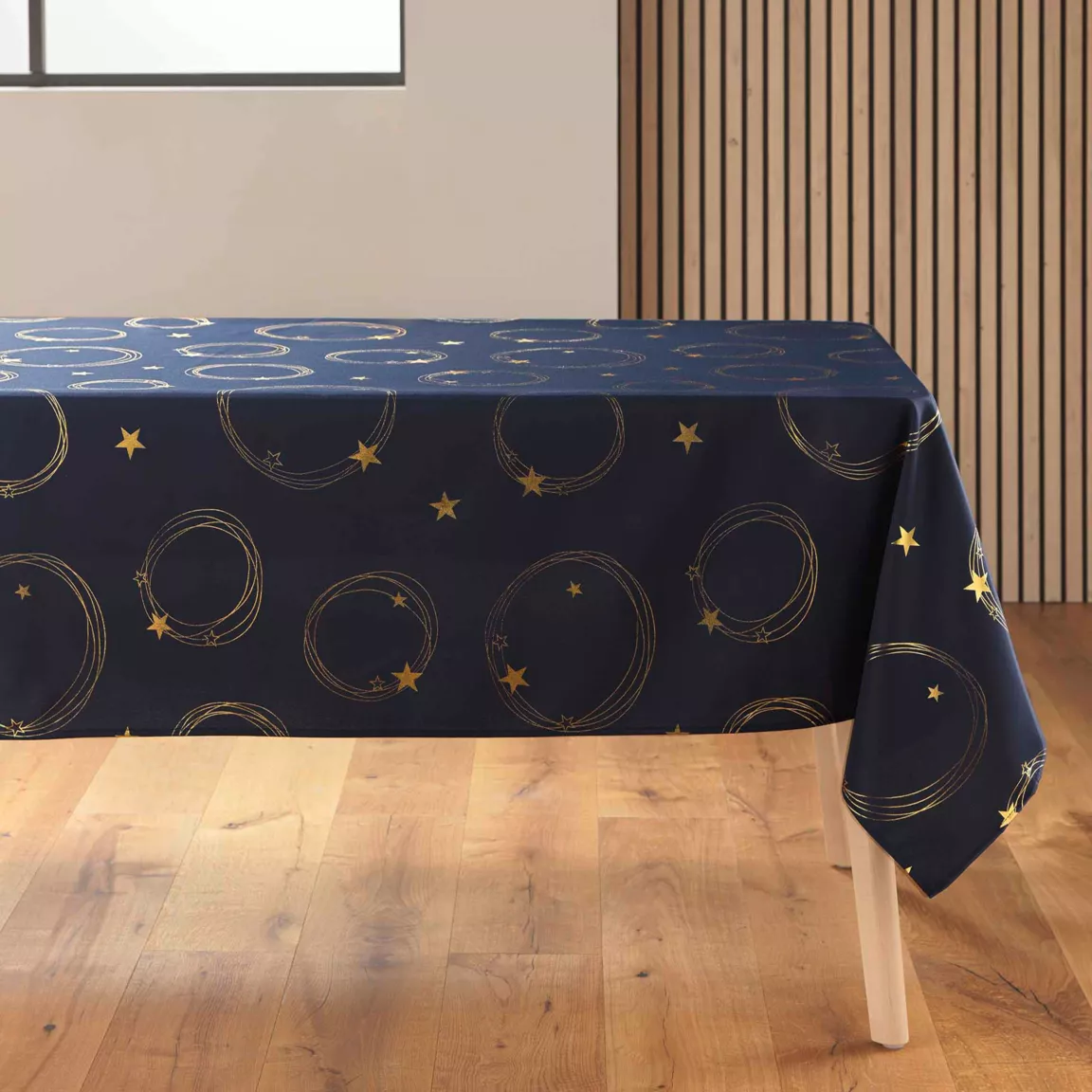 Nappe de Noël rectangulaire anti tache (150 x 300 cm) Star Bleu marine et doré