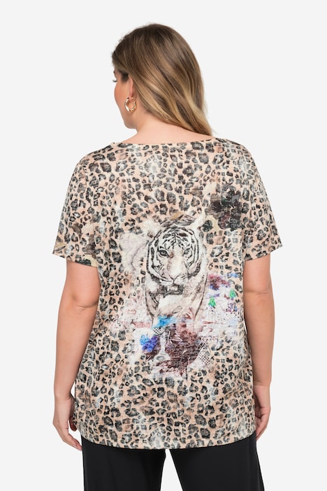 T-Shirt, Leomuster, großer Tiger-Druck, Rundhals, Halbarm