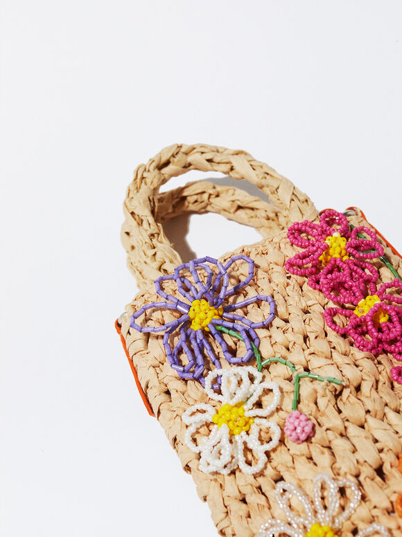 Bolsa Móvil Rafia Con Flores - Bege