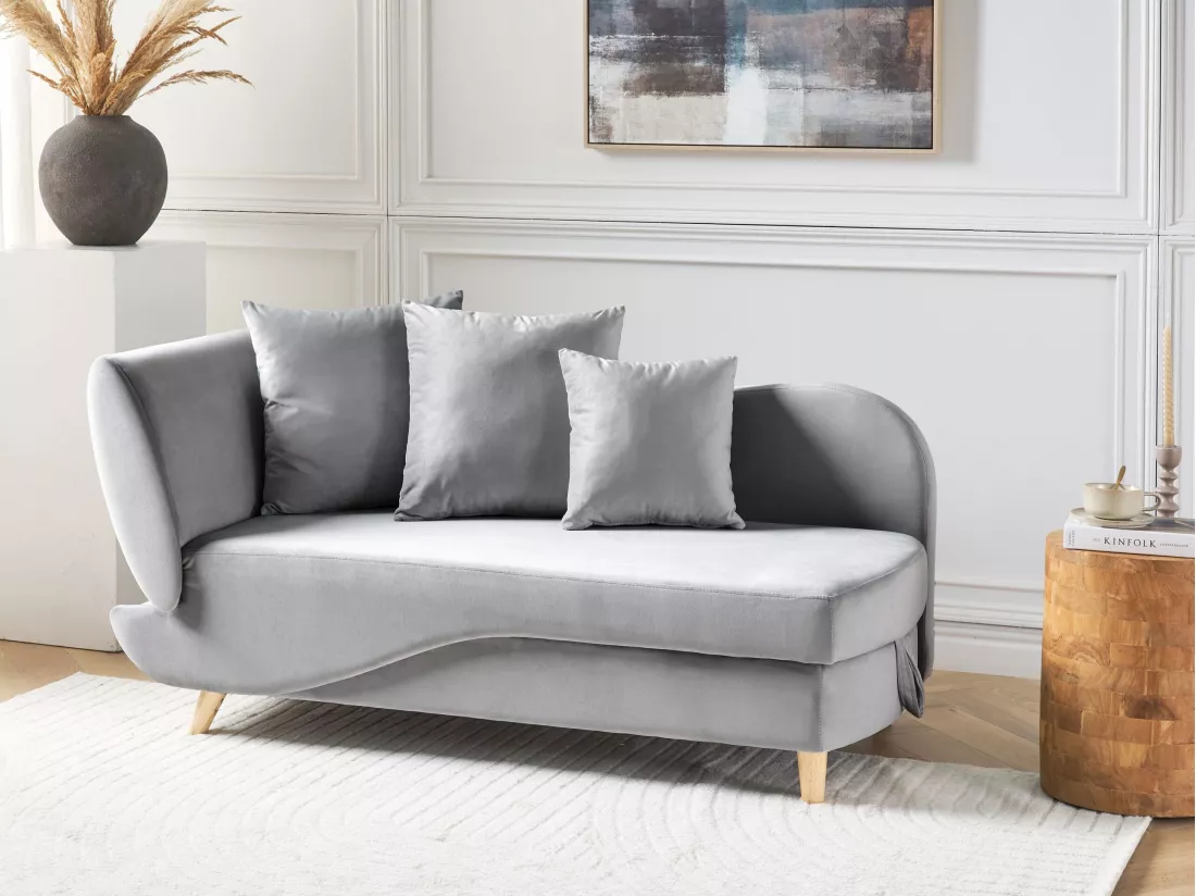 Chaise longue côté droite en velours gris clair MERI II