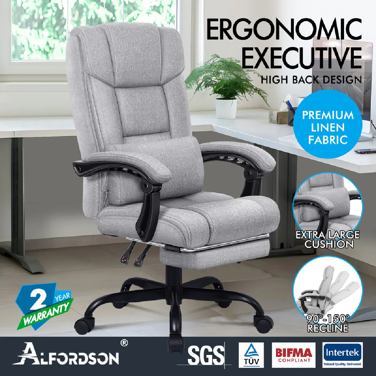 ALFORDSON Fauteuil de Bureau Ordinateur Gaming Siège Tissu Recliner Gris
