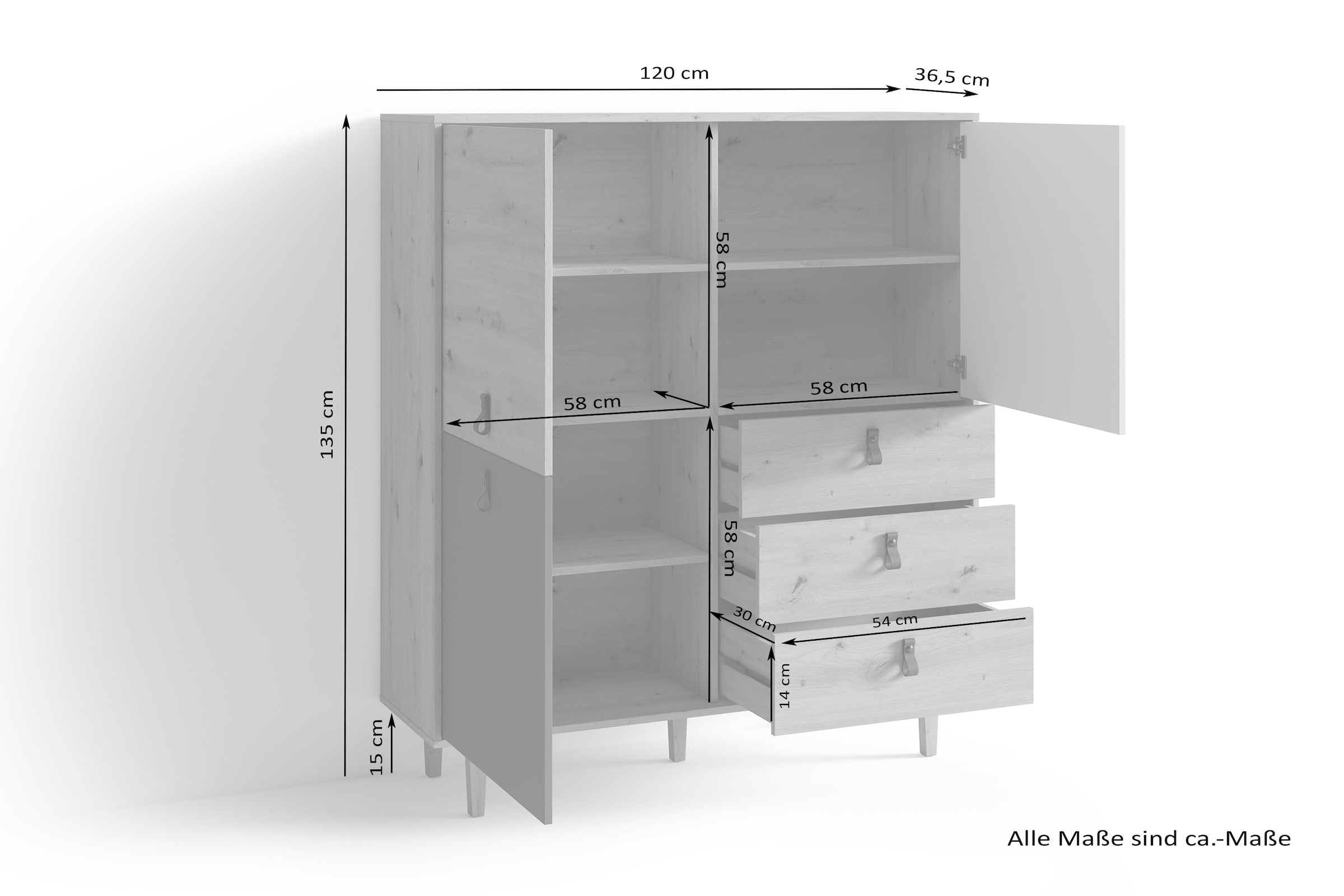 INOSIGN Highboard »Bill, mit drei Schubkästen und drei Türen,« 120cm Breit mit verstellbaren Einlegeböden, massive Holzbeine