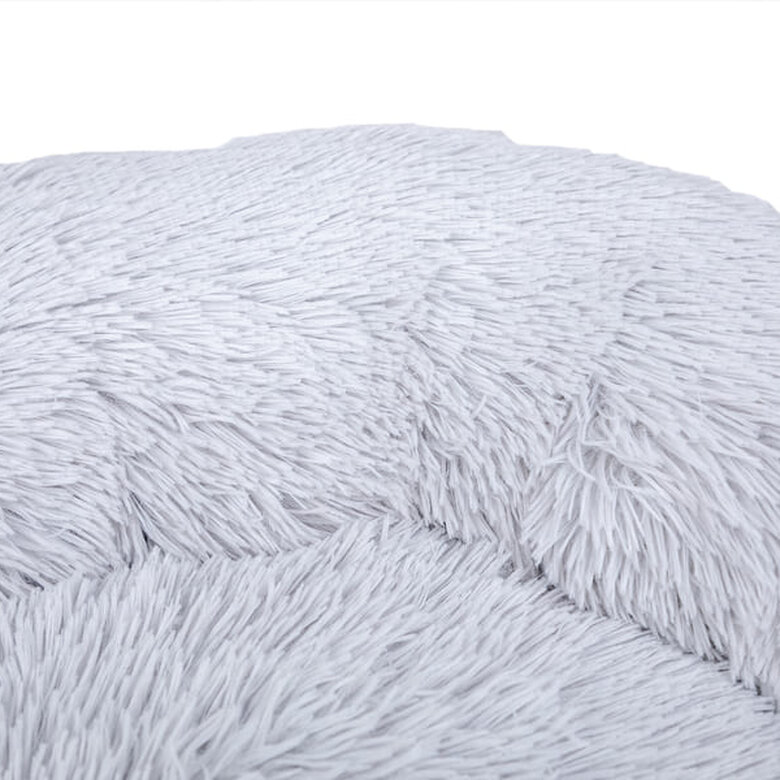 Cama redonda antiestresse Leeby para gatos, em pelo cinza.