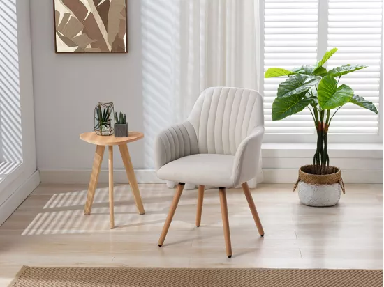 Chaise avec accoudoirs - Tissu et métal effet bois - Crème - ELEANA
