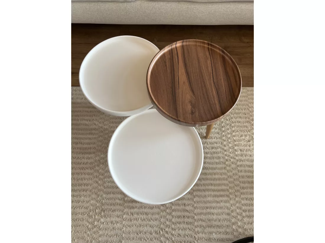 Tables gigognes, set de 3, pieds en bois, tables basses, colorés (Blanc et Noyer)