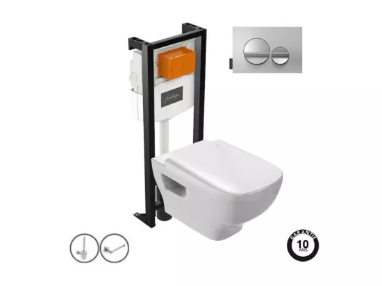 Pack WC suspendu sans bride JACOB DELAFON Struktura+ bâti-support + plaque Chrome brillant/Chrome mat + accessoires