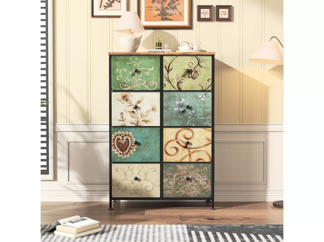 Commode 8 Tiroirs 67.5x30x100cm - Cadre en Métal, Tiroirs avec Poignées en tissu - Motifs Rétros - Noir