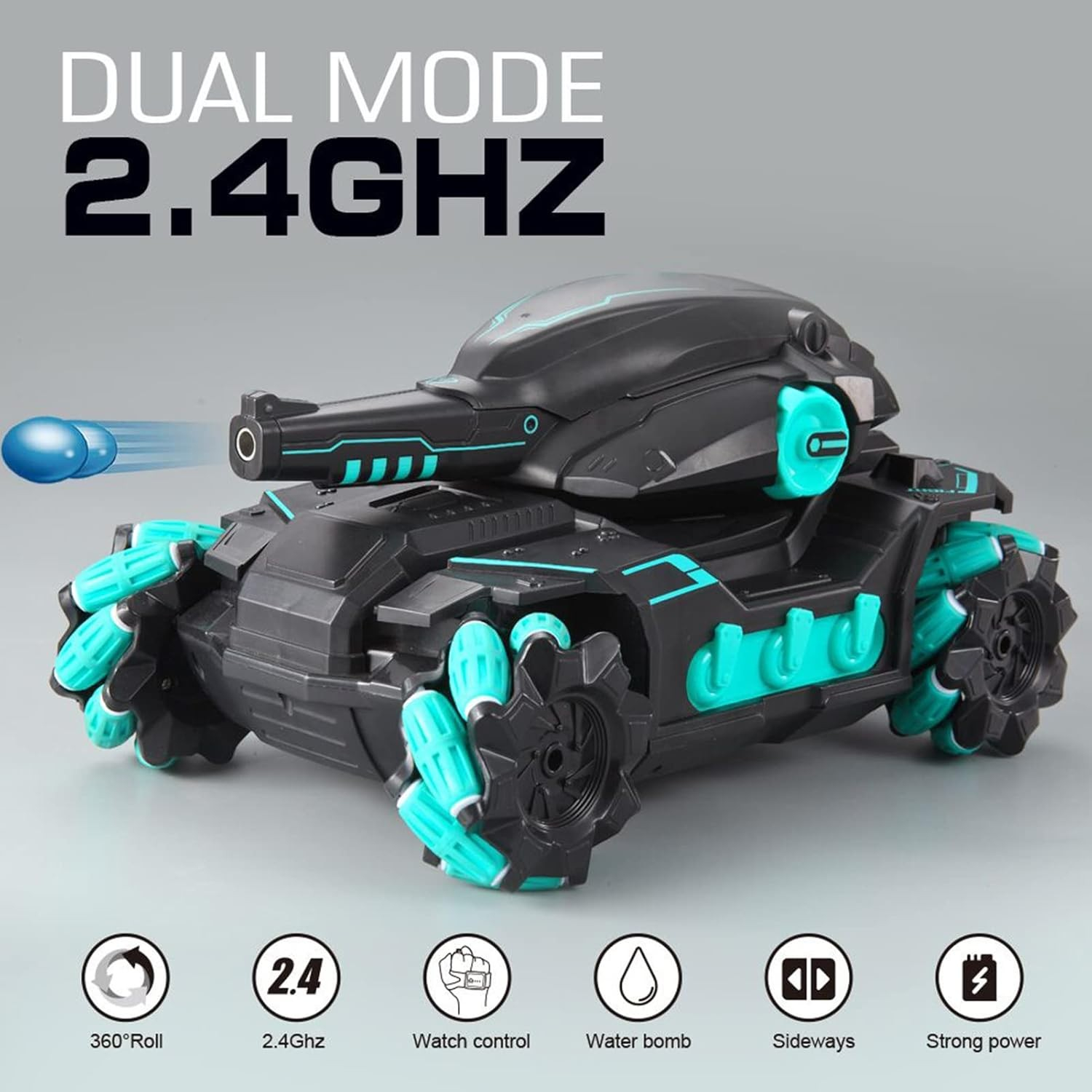 Ferngesteuertes 2.4GHz RC Spielzeug Auto 360 Grad Panzer Wasser Tank mit Wasserperlen / Fernbedienung / Licht / Sound - Schwarz