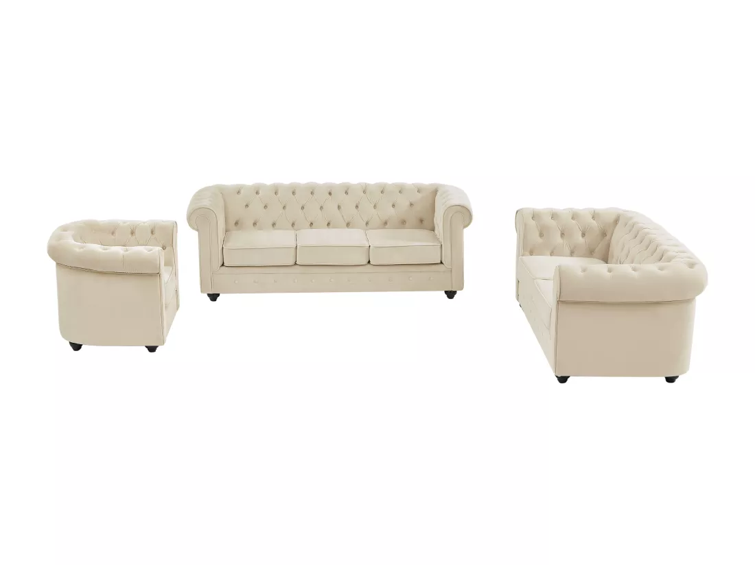 Canapé 3 places, 2 places et fauteuil en velours beige CHESTERFIELD