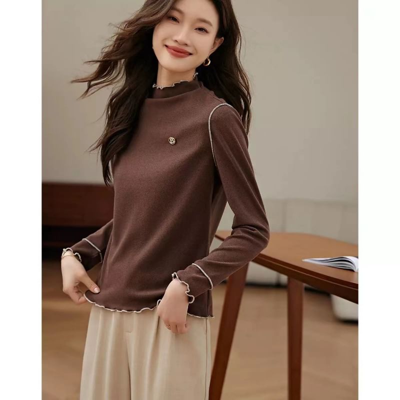 Jeonseon - T-shirt met lange mouwen, hoge hals en contrasterende rand