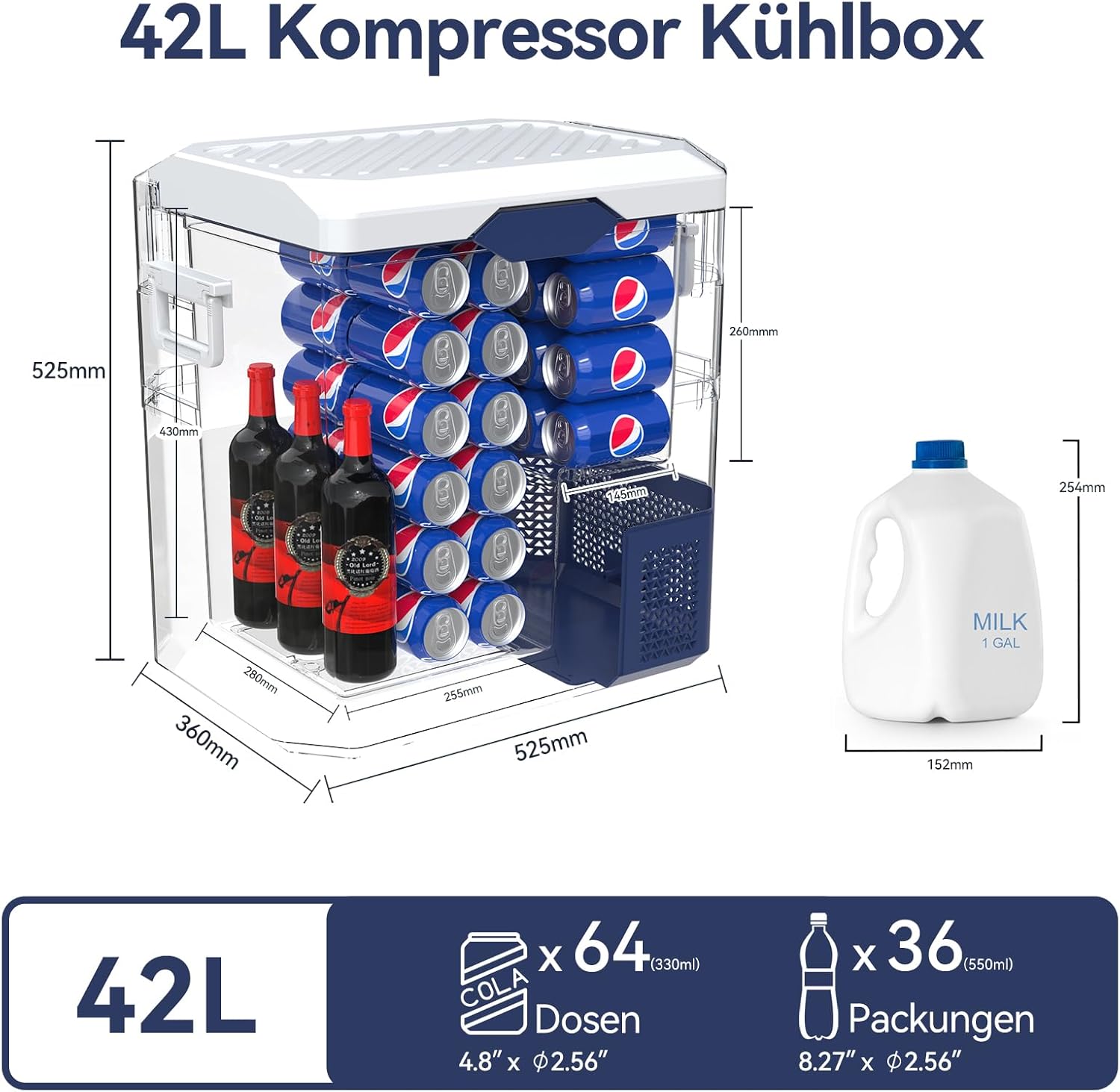 BINGI Kompressor Kühlbox 42L Tragbarer Auto-Kühlschrank 12/24V DC und 230V AC Mini Gefrierschrank für Auto, LKW, Camping, Wohnmobil und Zuhause (15℃ bis -18℃)